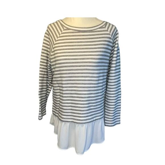 Loft Shirt Tail Hem Striped Top Black White Knit Ruffle 3/4 Sleeves Crewneck S - Picture 1 of 8